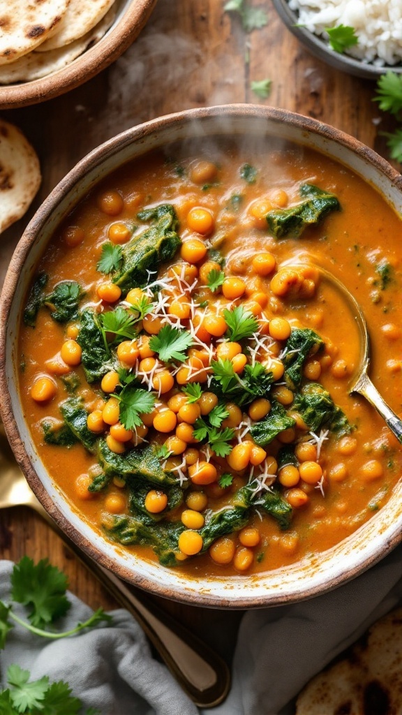 A bowl of colorful lentil and spinach curry with coconut milk, garnished with cilantro, served with rice and naan.